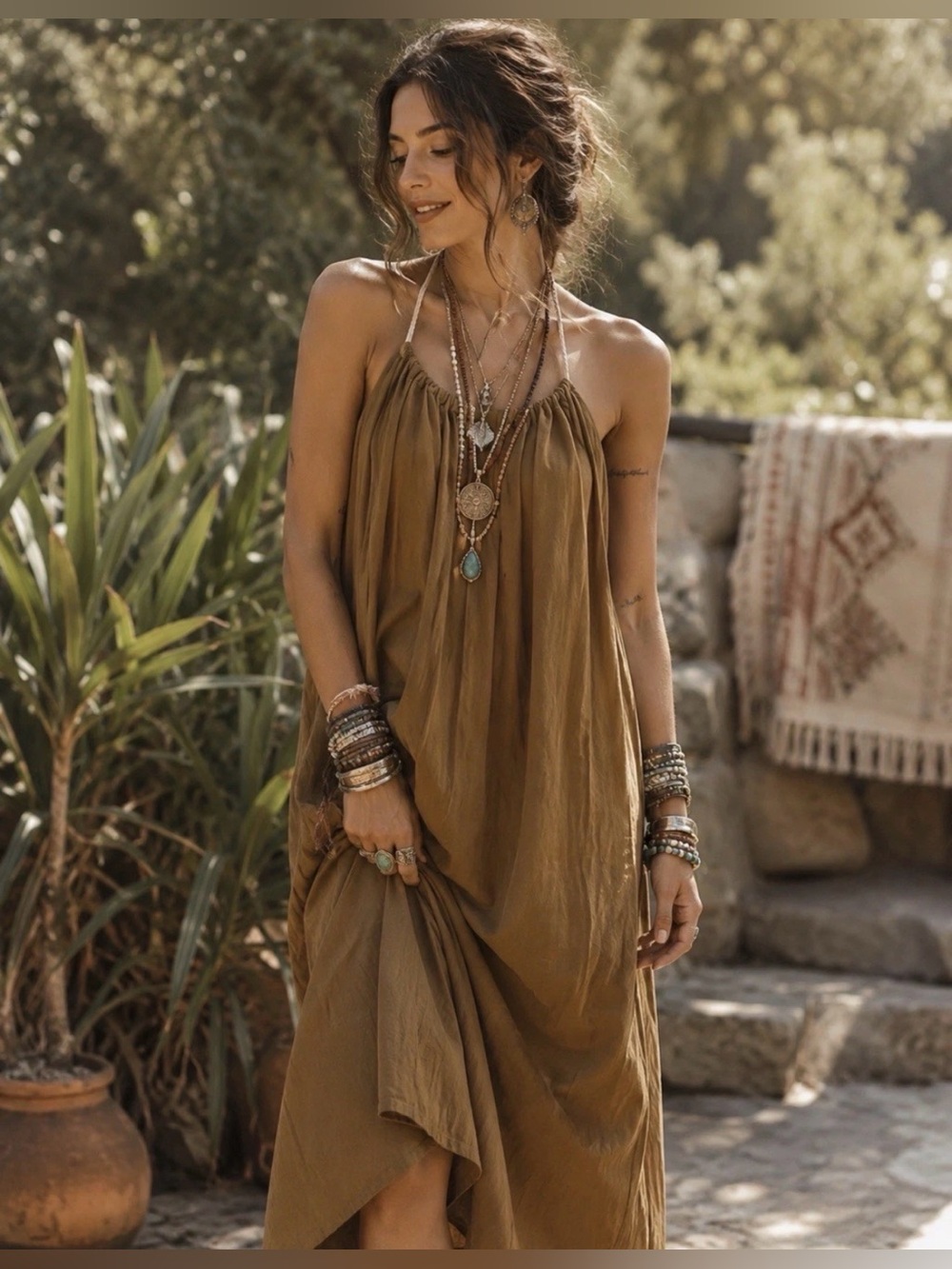 🇺🇸H050 NWT Jaded Gypsy Free Size pp22 Bohemian Halter Maxi Dress Brown